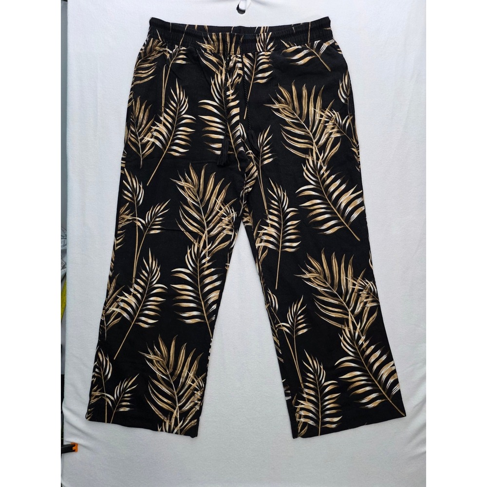 Joie Palm Print Wide Leg Pants XL Black Linen Blend Tropical Tassel Resortwear